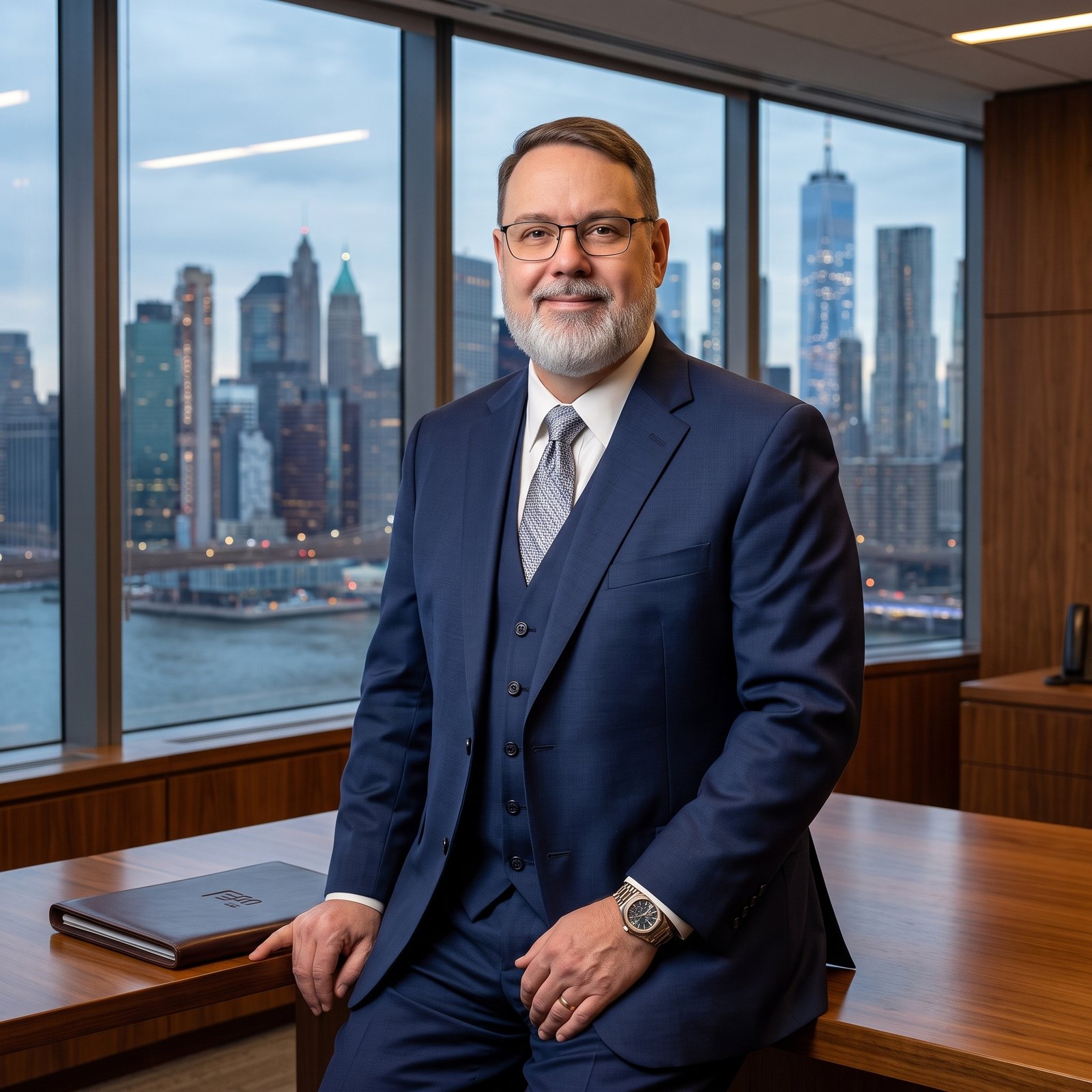 Quinn Koller in a boardroom overlooking the city skyline